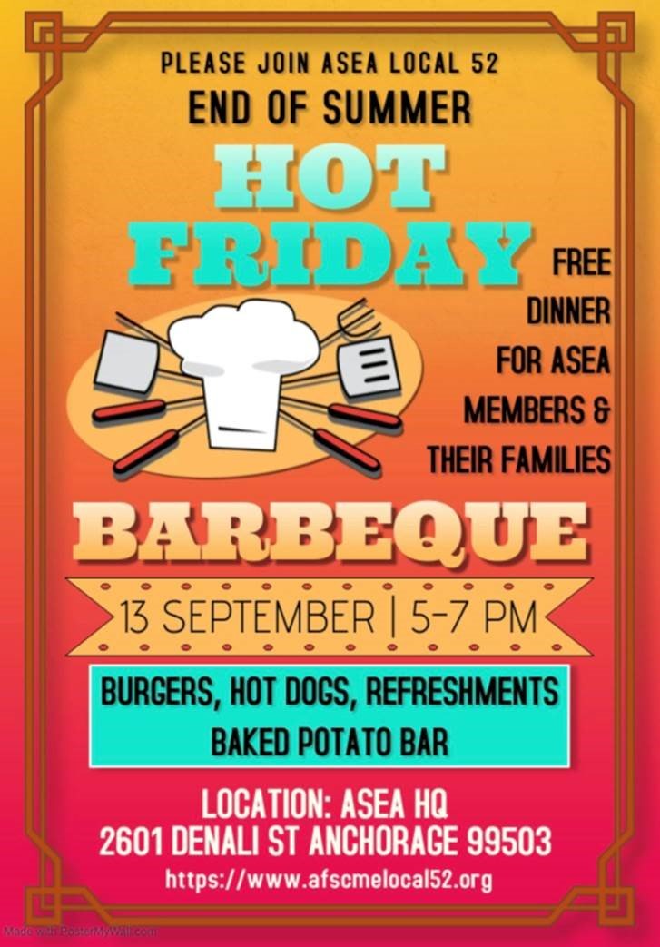 Poster announcing ASEA Anchorage Chapter Hot Friday BBQ Event on Sep. 13, 2024, from 5pm to 7pm at ASEA HQ in Anchorage.