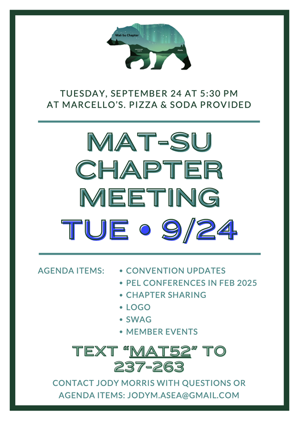 Announcement for ASEA Mat-Su Chapter membership meeting at Marcello's Restuarant at 5:30 p.m. on Sep. 24, 2024