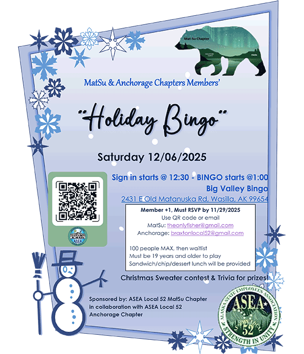 ASEA Anchorage Chapter (w/ Mat-Su Chapter) host Holiday Bingo, Saturday, Dec. 6