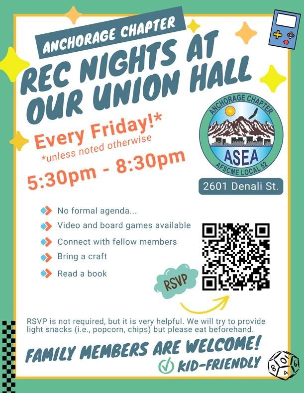 Anchorage Chap Rec Night, Fridays 5:30-8pm at ASEA HQ