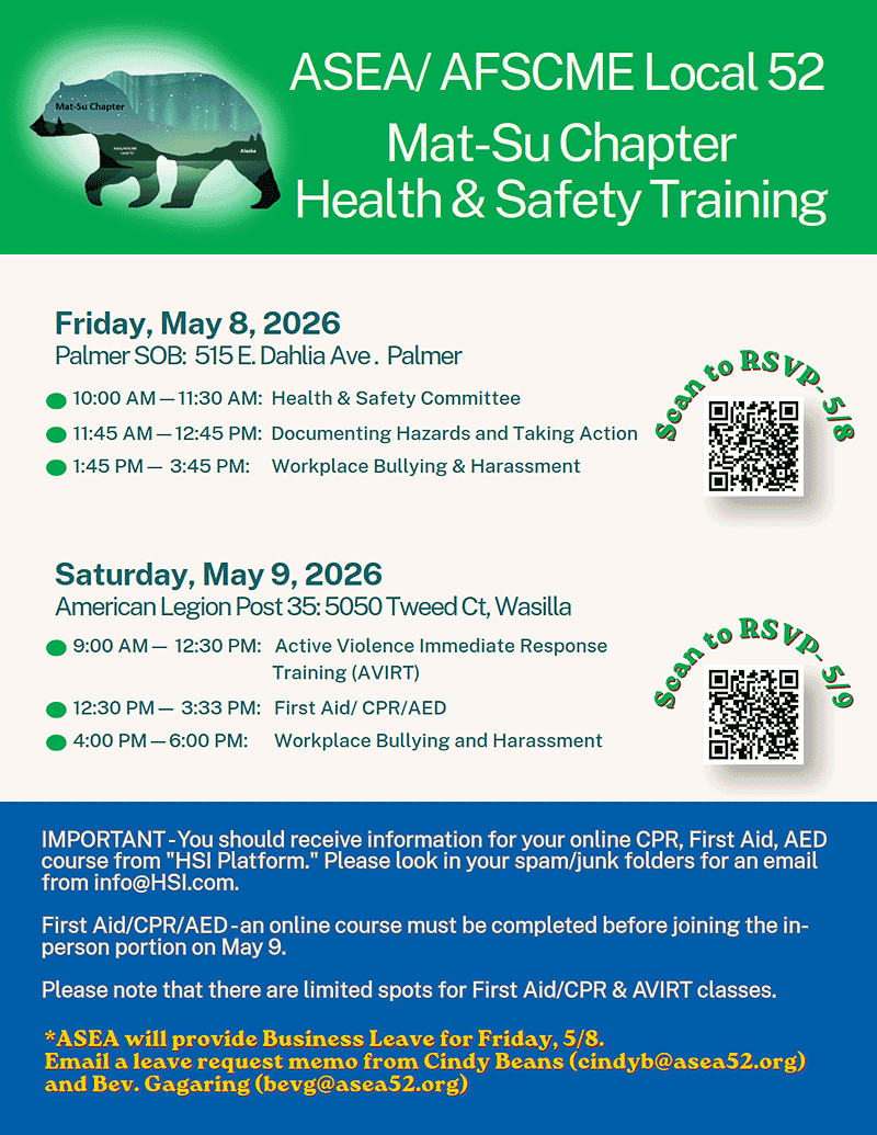 ASEA Mat-Su Health Safety Trainings May 8-9, 2026, in Palmer and Wasilla