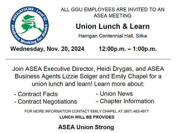 Announcement for Lunch & Learn Noon Meeting on Nov. 20, 2024, for GGU employees in Sitka.